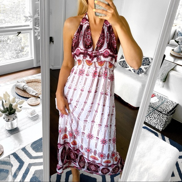 πΊ BOHO FLORAL BURGUNDY RED PINK IVORY SEQUIN OPEN BACK MAXI DRESS! - Picture 1 of 9